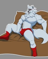 anthro arm_tuft athletic biceps bulge canid canine canis cheek_tuft chest_tuft clothing cushion death_(puss_in_boots) dreamworks elbow_tuft facial_markings facial_tuft fangs fluffy fluffy_tail footwear fur fuzzy glowing glowing_eyes grey_body grey_fur hand_on_leg hand_on_thigh head_markings hi_res leaning leaning_backward looking_at_viewer male male_only mammal markings mask_(marking) mostly_nude muscular muscular_anthro muscular_male neck_tuft open_mouth pecs pillow puss_in_boots_(dreamworks) puss_in_boots_(film) puss_in_boots_the_last_wish raised_leg red_clothing red_eyes red_footwear red_socks red_underwear shoulder_tuft shrek_(series) socks solo spread_legs spreading suggestive tail teeth tuft underwear wolf zinoredpaw