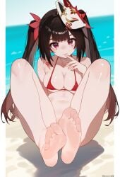 absurdres artist_name bikini black_hair breasts cleavage feet female flower_tattoo foot_fetish foot_focus fox_mask full_body highres honkai:_star_rail honkai_(series) light_smile long_hair looking_at_viewer mark_under_both_eyes marking_below_eyes mask mask_on_head medium_breasts navel pink_eyes red_bikini sitting soles solo sparkle_(honkai:_star_rail) swimsuit tattoo toes twintails yunjoos