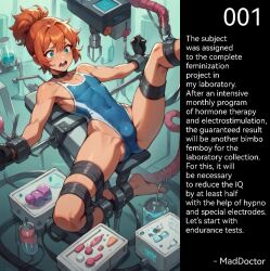 ai_generated experiment femboy femboy_focus femboysub gay laboratory machine nervous restrained restrained_arms restraints roleplay scared sex_toy story swimsuit text text_box