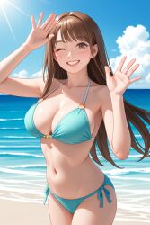 1girls ai_generated beach bikini blinking blue_bikini brown_hair large_breasts solo waving_at_viewer white_girl white_skin