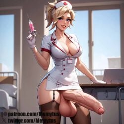 ai_generated blonde_hair blue_eyes foreskin futa_only futanari huge_balls huge_cock memytus mercy nurse nurse_cap nurse_uniform overwatch precum solo_futa thick_thighs