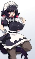 1girls au_ra bent_leg big_breasts black_hair commission cosplay ellen_joe ellen_joe_(cosplay) female female_only final_fantasy final_fantasy_xiv hand_on_hip hi_res horns j5daigada lollipop looking_at_viewer maid maid_headdress maid_uniform mihoyo orange_eyes pantyhose pink_hair solo tail two_tone_hair zenless_zone_zero