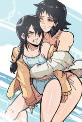 2girls bikini black_hair blue_bikini blush braid braided_ponytail chainsaw_man coat demon demon_girl female female_only fumiko_mifune_(chainsaw_man) grey_eyes hair_over_one_eye happy_female hug long_hair mark_gavatino nayuta_(chainsaw_man) ocean one_eye_closed open_clothes open_coat partially_clothed partially_submerged ponytail red_bikini short_hair twintails unhappy_female water yellow_eyes yuri