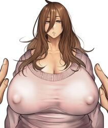 1girls 1other 2022 ambiguous_gender breasts brown_eyes brown_hair cleavage clothing female female_focus gigantic_breasts hair_between_eyes highres index_finger_raised long-haired_mature_woman_(pepe_(jonasan)) long_hair looking_at_viewer male matching_hair/eyes mature_female nipple_bulge no_bra original pepe_(jonasan) pink_sweater pov simple_background solo_focus standing sweater tight_clothing white_background