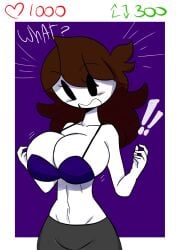 !! 1girls 2d 2d_(artwork) big_breasts bra breasts brown_hair clothed clothed_female clothing english_text female female_only full_comfort jaiden jaiden_animations large_breasts long_hair open_mouth pants purple_bra solo strip_game surprised text white_skin youtube youtuber