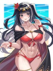 1girls abs alternate_costume bare_shoulders bikini black_hair blunt_bangs breasts cape cleavage cowboy_shot female female female_only fire_emblem fire_emblem_awakening fire_emblem_heroes flower grin hair_flower hair_ornament highres large_breasts long_hair looking_at_viewer nail_polish navel nintendo official_alternate_costume purple_eyes red_bikini red_flower red_nails red_swimsuit side-tie_bikini_bottom smile solo standing stomach swimsuit tharja_(fire_emblem) tharja_(summer)_(fire_emblem) thighs two_side_up very_long_hair zqzbq