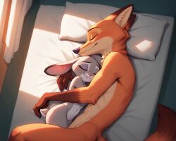 1boy 1girls ai_generated alucard_(artist) anthro bed canine closed_eyes disney female fox furry hug judy_hopps male male/female navel nick_wilde nude pillow sleeping teeth zootopia