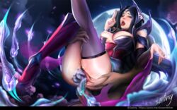 black_hair breasts censored clothing female high_heels irelia_xan league_of_legends long_hair open_mouth penetration pussy satiny sex shen tagme thighhighs vaginal_penetration