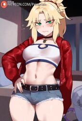 ai_generated belt blonde_hair denim_shorts fate_(series) green_eyes hand_on_hip jacket jeans_shorts looking_at_viewer medium_breasts mordred_(fate) ponytail primosan red_jacket short_hair short_ponytail shorts standing