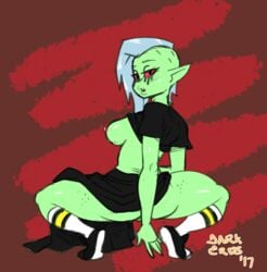 2017 abstract_background alien alien_girl areolae ass asymmetrical_hair back_view big_ass big_lips breasts cartoon_network curvy darkeros13 dated exposed_breasts female female_only footwear freckles full_body green_skin highres kneesocks large_breasts long_hair long_skirt looking_at_viewer looking_back lord_dominator nipples no_bra open_mouth pink_sclera pointy_ears runny_makeup sci-fi science_fiction scifi shirt shirt_lift shoes sideboob signature skirt socks solo solo_female squatting thedarkeros thick_thighs undercut wander_over_yonder white_hair wide_hips