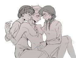 3girls anna_(frozen) black_and_white blush braided_hair breasts disney disney_princess elsa_(frozen) female female/female/female female_only frozen_(film) girls girls_only iduna_(frozen) incest monochrome no_color polyamory sister_and_sister sisters xuanqing227 yuri