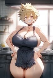 ai_generated apron bakugou_mitsuki big_breasts blonde_hair chocker hands_on_hips kitchen looking_at_viewer milf mitsuki_bakugou my_hero_academia short_hair smile thick_thighs user_8928 wide_hips