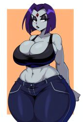 ai_generated annoyed belly belly_button black_lipstick dc eyeshadow grey_skin huge_ass huge_breasts jeans makeup midriff raven_(dc) tank_top tanktop wide_hips