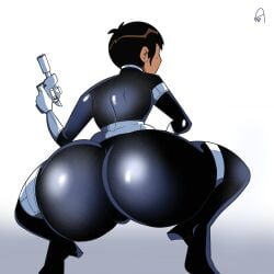 1girls ass back_view big_ass bubble_butt dark-skinned_female dark_skin dudenameda10 female gun maria_hill maria_hill_(earth's_mightiest_heroes) marvel marvel_comics short_hair skintight