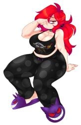 big_breasts cleavage female game_freak gengar nintendo pajama_pants pajamas pale-skinned_female pokemon pokemon_(species) polka_dot ponytail red_hair rubbing_eyes sleepy slippers tank_top tired toon_michaela toxicsoul77