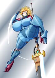 1girls ass blonde_hair blue_eyes breasts cameltoe covered_nipples cyborg female_focus gavianart huge_ass huge_breasts nipples short_hair solo solo_female suvi_the_cyborgess sword thick_thighs wide_hips