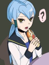 1girls cardfight!!_vanguard cum cum_drip cum_on_food eating_cum female female_only food gillian_chen gokkun hotdog looking_at_viewer oblivious oda_koziki semen unaware