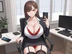 1girls ai_generated brown_hair large_breasts office_clothing pantyshot pantyshot_(sitting) red_lingerie sitting_on_chair solo_female suit teasing unbuttoned_shirt white_girl white_skin