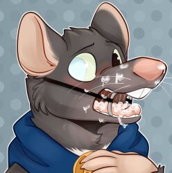 anthro blush bodily_fluids cum cum_in_mouth cum_inside cum_on_face fur gag genital_fluids hi_res male male_only mammal milk_(rodentmilk) murid murine open_mouth pariahpuppy rat ring_gag rodent simple_background solo tongue tongue_out