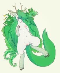 antlers breasts claws dragon female fur gokushi green_fur grune horn nude plant pussy solo spread_legs spreading white_fur wings