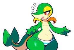 ai_generated anthro blush clothed clothing eyelashes female generation_5_pokemon green_body hellsonger hi_res navel nintendo no_breasts open_mouth panties pattern_clothing pokemon pokemon_(species) red_eyes reptile scalie simple_background smile snivy solo striped_clothing stripes thick_thighs underwear white_background wide_hips