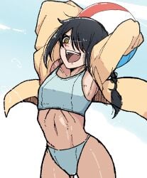 1girls armpits arms_up beach_ball bikini black_hair blue_bikini blush braid braided_ponytail chainsaw_man coat demon demon_girl female hair_over_one_eye holding_object light-skinned_female light_skin long_hair mark_gavatino nayuta_(chainsaw_man) open_clothes open_coat partially_clothed ponytail solo solo_female yellow_eyes