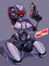 ^_^ arm_up armpits fortnite fortnite:_battle_royale gun hand_behind_head hand_up hi_res holding_gun kneeling majimagaming1 metallic_body paradigm_(fortnite) robot screen_face sfw simple_background sitting tagme thick_thighs