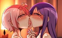 2girls bedroom blush chiden drool drooling female female_only hinata_yukari horny_female kissing looking_at_viewer nonohara_yuzuko tongue tongue_kiss tongue_out yuyushiki