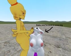 arrow blush chica_(fnaf) cock_on_face cock_on_head fat_ass female femboy five_nights_at_freddy's furry garry's_mod holding_penis huge_cock love_heart_eyes massive_breasts straight text toriel undertale white_fur yellow_skinned_female