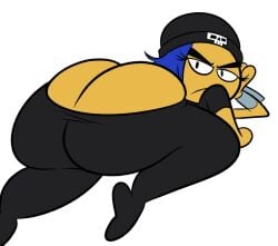 2d ass_bigger_than_head ass_cleavage ass_focus big_ass black_hat black_leggings black_shirt blue_hair butt_crack emoji_(race) huge_ass jailbreak oboithisisfunky sony_corporation t-shirt the_emoji_movie voluptuous white_background yellow_skin