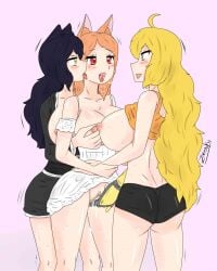 3girls akemi_kurama big_breasts black_hair blake_belladonna blonde_hair blush breast_grab breasts_out cat_ears clothing dress dress_lift fingering fox_ears large_breasts licking_face orange_hair original_character pajamas prosthetic_arm purple_eyes red_eyes rwby shorts threesome tongue_out yang_xiao_long yellow_eyes yuri zronku