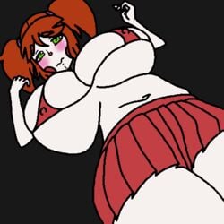 animatronic baby_(fnafsl) black_background blush bra breasts circus_baby circus_baby_(fnaf) erect_nipples five_nights_at_freddy's five_nights_at_freddy's:_sister_location five_nights_in_anime fnia green_eyes hyper_breasts looking_at_viewer nervous nipples_visible_through_clothing pigtails red_hair scottgames self_upload shinagawasama sister_location skirt solo white_skin