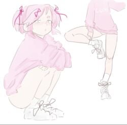 1girls bottomless doki_doki_literature_club emiillb female female_only human natsuki_(doki_doki_literature_club) pink_hair pink_shirt solo white_panties