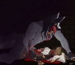 anthro axxelroze blood blood_pool bodily_fluids canid canine canis disembowelment duo female gore guro gutted hi_res la&#039;tae looking_pleasured male male/female mammal nosebleed pinned pinned_arm pinned_to_ground rizutu sex snuff vernid wolf wounded