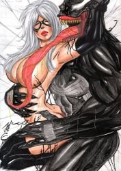 1boy 1girls 2d ambiguous_penetration arms_around_partner artist_name artist_signature big_breasts bigger_male black_cat_(marvel) black_gloves breasts closed_eyes covered_nipples duo eddie_brock felicia_hardy gloves interspecies josileudo lipstick long_tongue marvel marvel_comics muscular_male open_mouth red_lipstick size_difference smaller_female spider-man_(series) straight suspended_congress tongue tongue_out venom_(marvel) white_hair