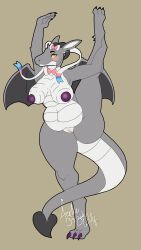 absurd_res acethebigbadwolf anthro ballerina_position belly big_breasts blush bow_ribbon bow_tie breasts dragon female fur furred_dragon furred_scalie genitals hi_res mythological_creature mythological_scalie mythology pussy scalie simple_background solo wings