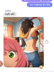 2girls anya_forger black_hair blow_dryer bra comedy emoji english_text female female_only funny green_eyes half-dressed human khyleri messages mirror multiple_girls photo pink_hair selfie spy_x_family text texting underwear yor_briar