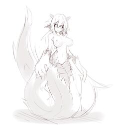 animal_humanoid big_breasts black_sclera breasts female fluff_snake fluffy fluffy_tail fur hi_res horn humanoid hybrid lamia long_tail monochrome monster_girl_(genre) nipples nude pointy_ears pussy reptile scales scalie shenti simple_background sketch slit_pupils snake solo sub-res white_background