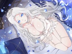 ass_visible_through_thighs bare_legs bare_thighs barefoot bed bed_sheet big_breasts blue_eyes body_blush bra breasts bride choker cleavage closed_mouth collarbone crown cupping_hands detached_sleeves feet frilled_choker grey_hair groin jewelry lace-trimmed_bra lace-trimmed_sleeves lingerie lipstick long_hair marvelous official_art panties petals revealing_clothes see-through see-through_skirt senran_kagura senran_kagura_new_link shiny_skin sitting smile tamayura_(senran_kagura) thigh_strap thighs toes underwear wedding_lingerie white_bra white_panties yaegashi_nan