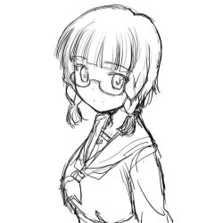 1girls black_and_white female glasses greyscale magaki_ryouta mashiba_nao monochrome only_female short_hair sketch smile student wakaba_girl white_background