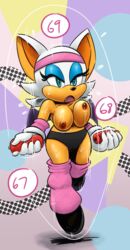 athletic bat big_breasts blue_eyes bluebee bouncing_breasts breasts cameltoe exercise female jump_rope mammal membranous_wings nipples open_mouth panties pussy rouge_the_bat solo sonic_(series) sports_uniform spots text topless wings workout