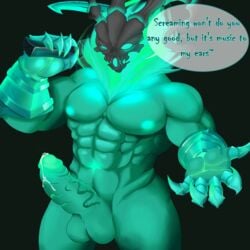 2018 armor athletic balls bedroom_eyes clothing colored dialogue digital_media_(artwork) front_view gauntlets ghost gloves green_body green_eyes green_nipples half-closed_eyes humanoid knight_owl league_of_legends looking_at_viewer male male_only manly muscular nipples penis precum riot_games seductive simple_background skull solo spectre spirit talking_to_viewer thresh undead video_games yaoi