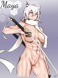 1girls abs animal_ears azur_lane bandaid bandaid_on_pussy cat_ears character_name chinese_commentary closed_mouth commentary_request convenient_censoring cowboy_shot cropped_legs erect_nipples expressionless female female_only grey_background grey_hair hair_between_eyes highres holding holding_sword holding_weapon katana light-skinned_female light_skin looking_at_viewer maya_(azur_lane) muscle muscular_female navel nude pubic_stubble rosaline sakura_empire_(azur_lane) scabbard scarf short_hair signature solo standing sword unsheathed veiny_breasts weapon white_scarf yellow_eyes