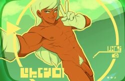 1boy alien dragon_ball dragon_ball_z fit fit_male gloves jeice long_hair male muscles muscular muscular_male naked naked_male nude nude_male orange_skin peace_sign penis pubic_hair scan scouter selfie solo solo_focus solo_male tagme v_sign white_hair zet13