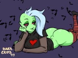 2017 alien alien_girl ass asymmetrical_hair big_ass bottomless breasts bubble_butt butt_crack darkeros13 dat_ass dated detached_sleeves disney eyelashes female female_only green_skin half-closed_eyes halloween heart holidays long_hair looking_away lord_dominator lying on_stomach pink_sclera pointy_ears runny_makeup sci-fi science_fiction scifi signature solo solo_female striped_legwear striped_thighhighs thedarkeros thighhighs undercut wander_over_yonder white_hair