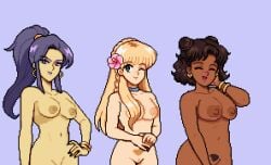 3girls areola areolae blonde_hair blue_eyes breasts brown_hair celine_(fields_of_mistria) color dark-skinned_female dark_skin female female_focus female_only fields_of_mistria girl hairy_pussy juniper_(fields_of_mistria) large_areolae large_breasts light-skinned_female light_skin long_hair medium_breasts naked naked_female nipples nude pale-skinned_female pale_skin pixel_art pubic_hair purple_background purple_eyes purple_hair reina_(fields_of_mistria) shaved_pussy small_breasts sprite_edit tan_skin tan_skinned_female unshaved_pussy