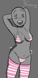 arms_behind_head arms_up bikini boob_window breasts female female_focus female_only grey_background grey_body self_upload shading smile smiling smiling_at_viewer solo standing text thick_body thick_thighs thighhighs thighs y/n