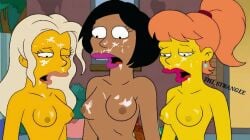 black_hair blonde_hair bust cum_on_body cum_on_breasts cum_on_face dark-skinned_female dark_skin eye_closed lips long_hair looking_down multiple_girls nipples nude nude_female open_mouth orange_hair outside ponytail surprised_expression the_simpsons tongue yellow_skin