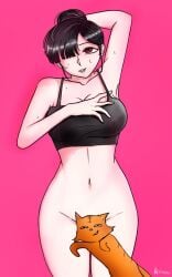 1girls black_hair black_hair_female censored_genitalia feline full_body mrbrauza23 no_panties only_female only_top tummy