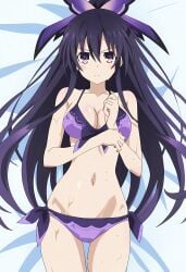 1girls 2d bed belly belly_button breasts date_a_live light-skinned_female long_hair purple_eyes purple_hair solo solo_female thighs yatogami_tohka